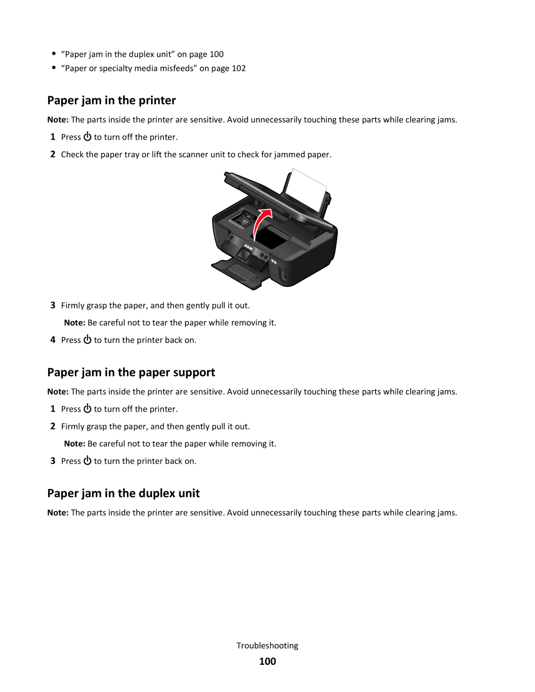 Lexmark S500 SERIES, 3EN, 30E Paper jam in the printer, Paper jam in the paper support, Paper jam in the duplex unit, 100 