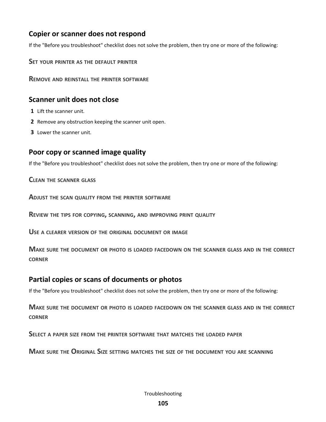 Lexmark S500 SERIES Copier or scanner does not respond, Scanner unit does not close, Poor copy or scanned image quality 