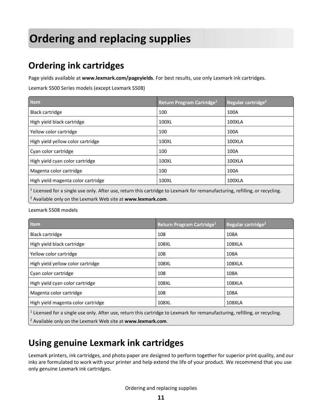 Lexmark 3EN, S500 SERIES Ordering and replacing s upplies, Ordering ink cartridges, Using genuine Lexmark ink cartridges 