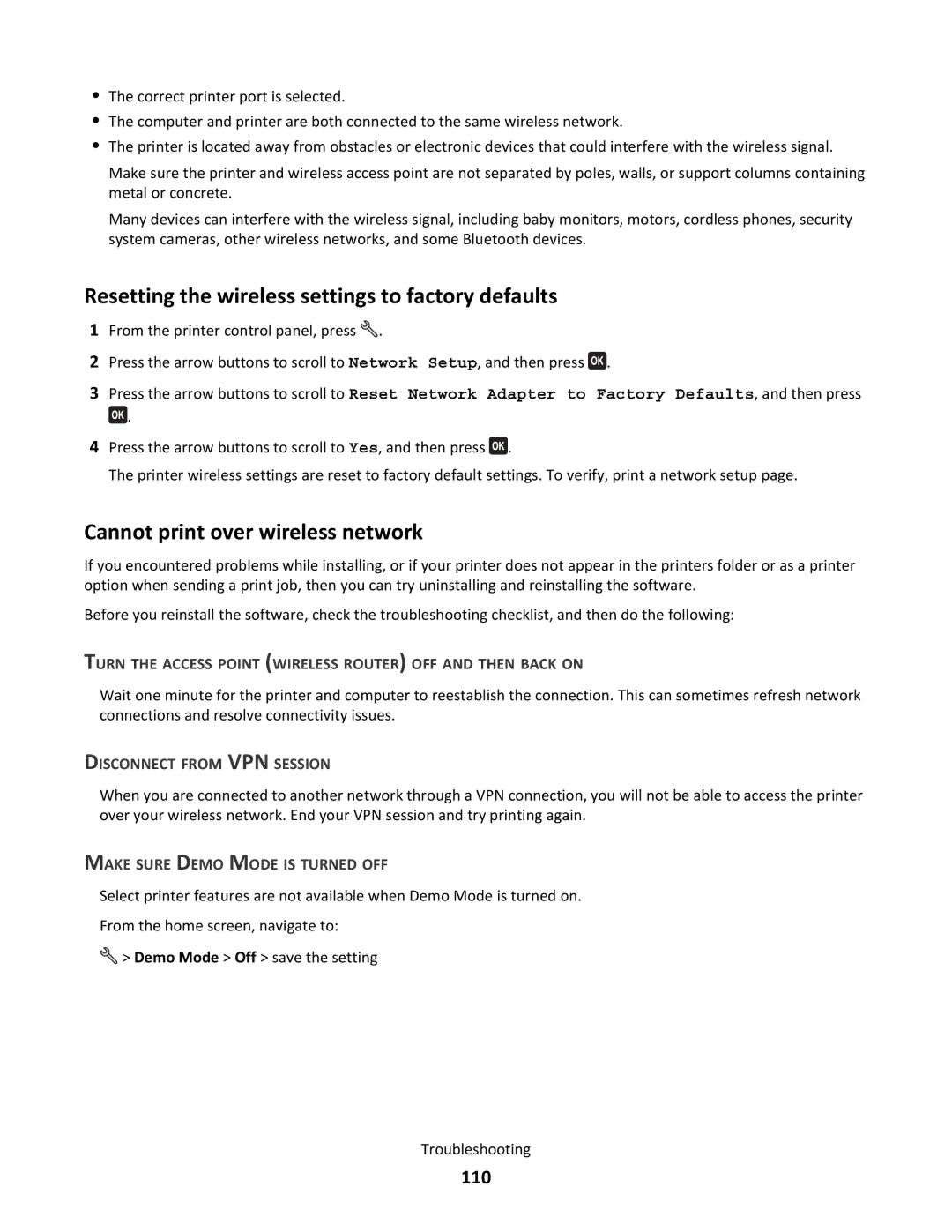 Lexmark S500 SERIES, 3EN, 30E Resetting the wireless settings to factory defaults, Cannot print over wireless network, 110 