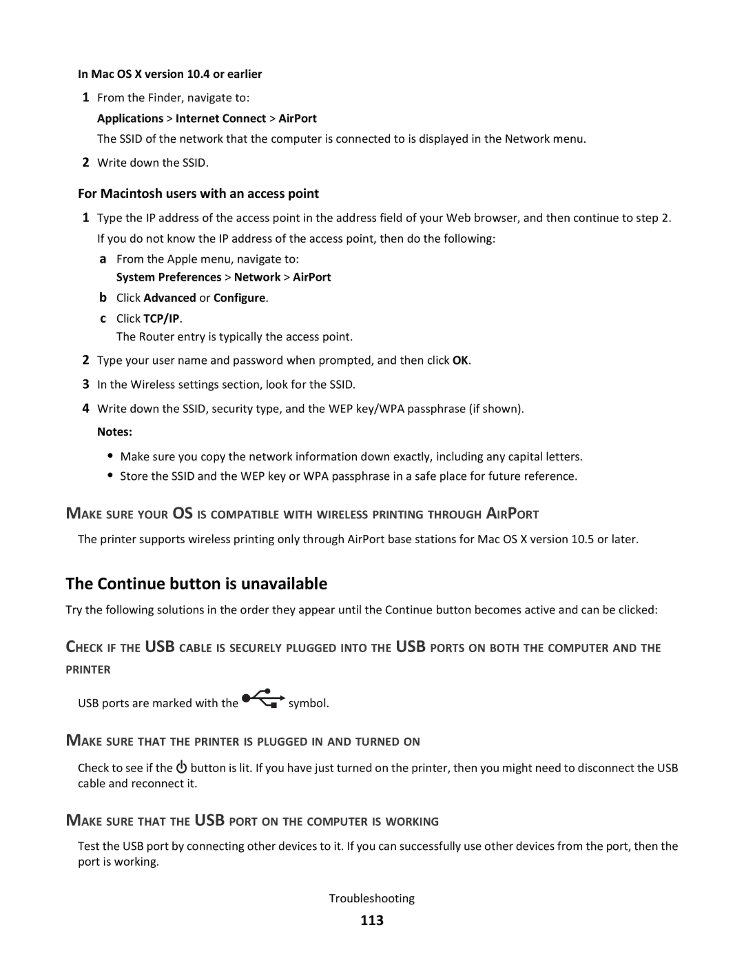 Lexmark 31N, S500 SERIES, 3EN, 30E, 30P manual Continue button is unavailable, 113, For Macintosh users with an access point 