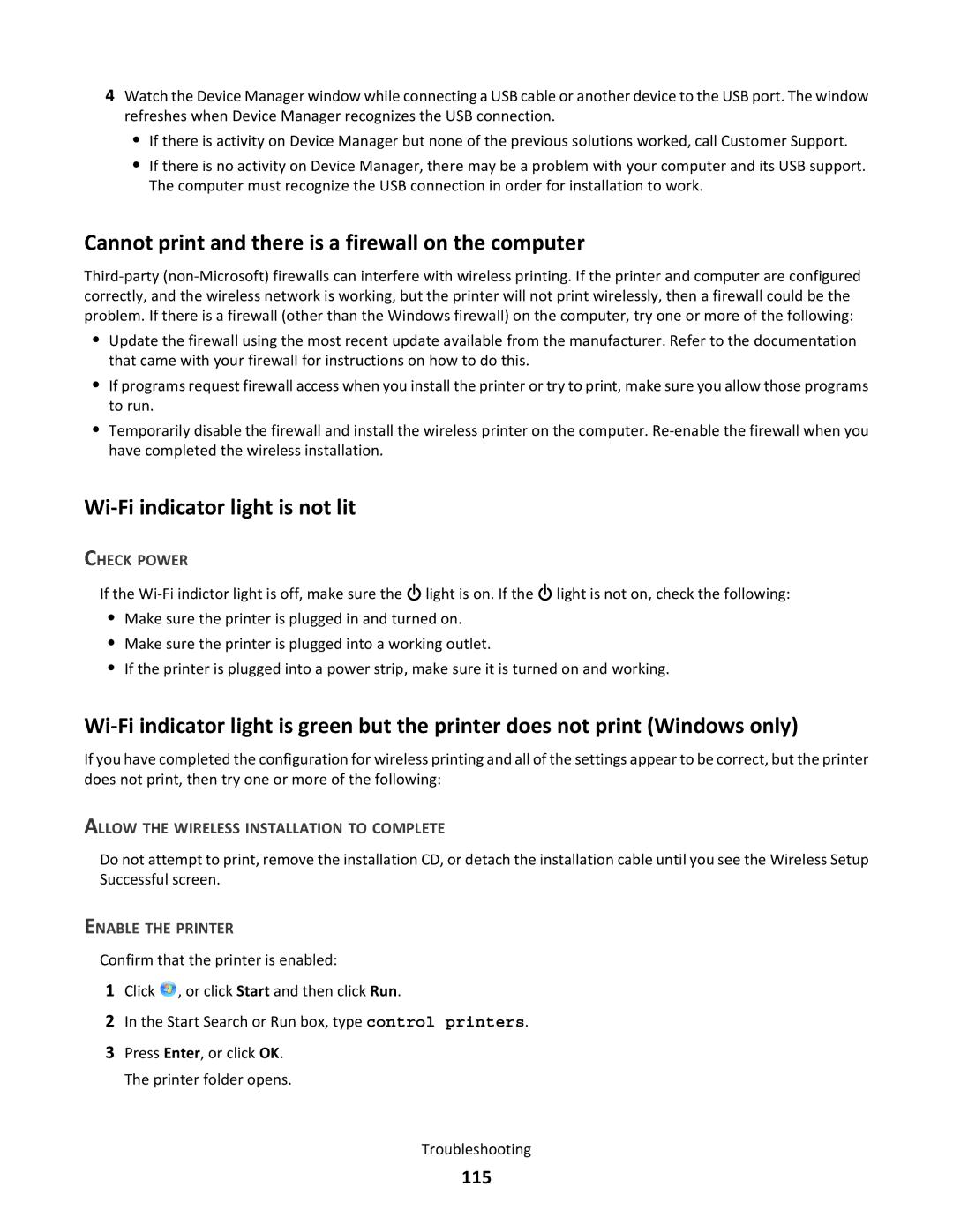 Lexmark S500 SERIES, 3EN, 30E Cannot print and there is a firewall on the computer, Wi-Fi indicator light is not lit, 115 