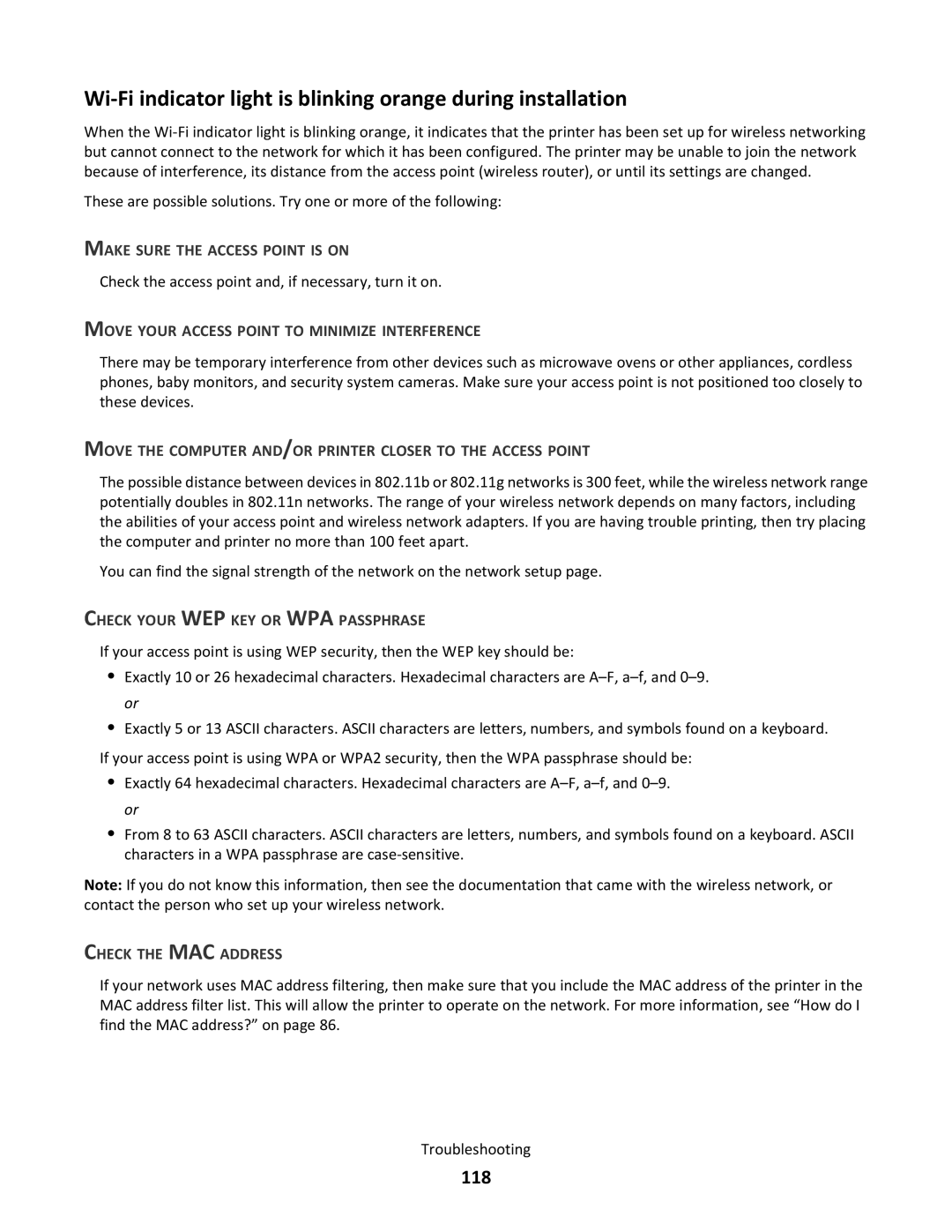 Lexmark 31N 118, Make Sure the Access Point is on, Move Your Access Point to Minimize Interference, Check the MAC Address 