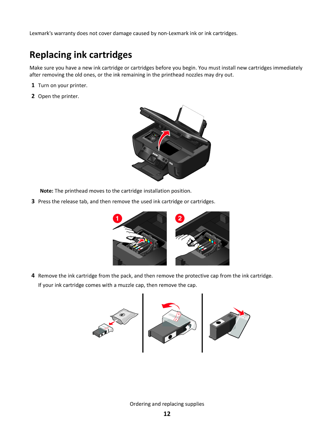 Lexmark 30E, S500 SERIES, 3EN, 31N, 30P manual Replacing ink cartridges 