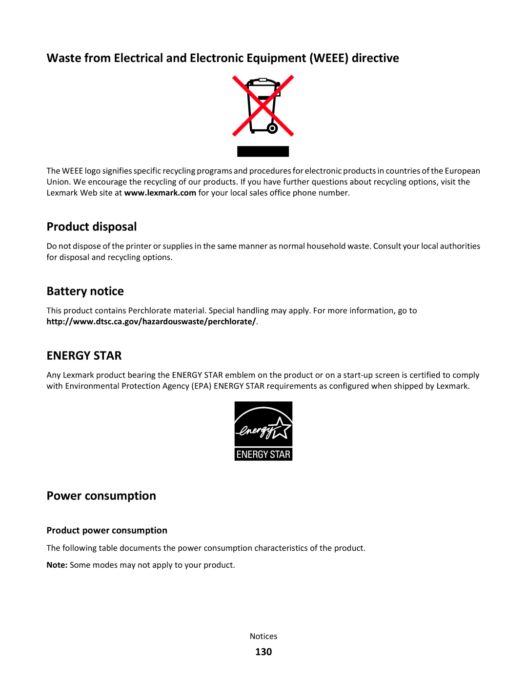 Lexmark S500 SERIES, 3EN, 30E, 31N, 30P manual Battery notice, Power consumption, 130, Product power consumption 