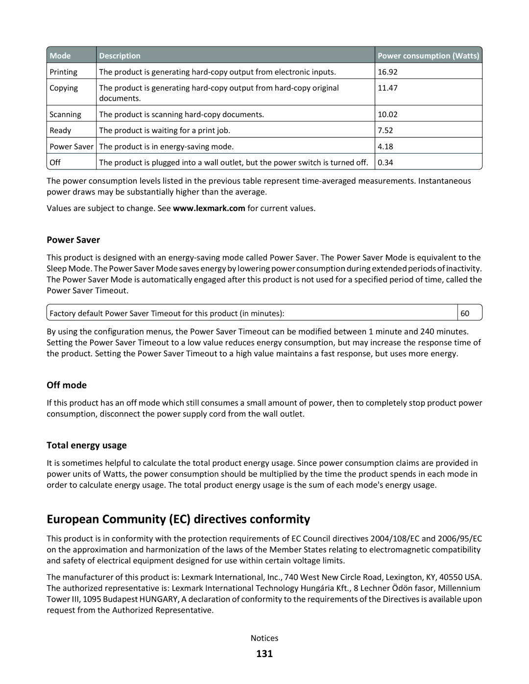 Lexmark 3EN, S500 SERIES, 30E European Community EC directives conformity, 131, Power Saver, Off mode, Total energy usage 