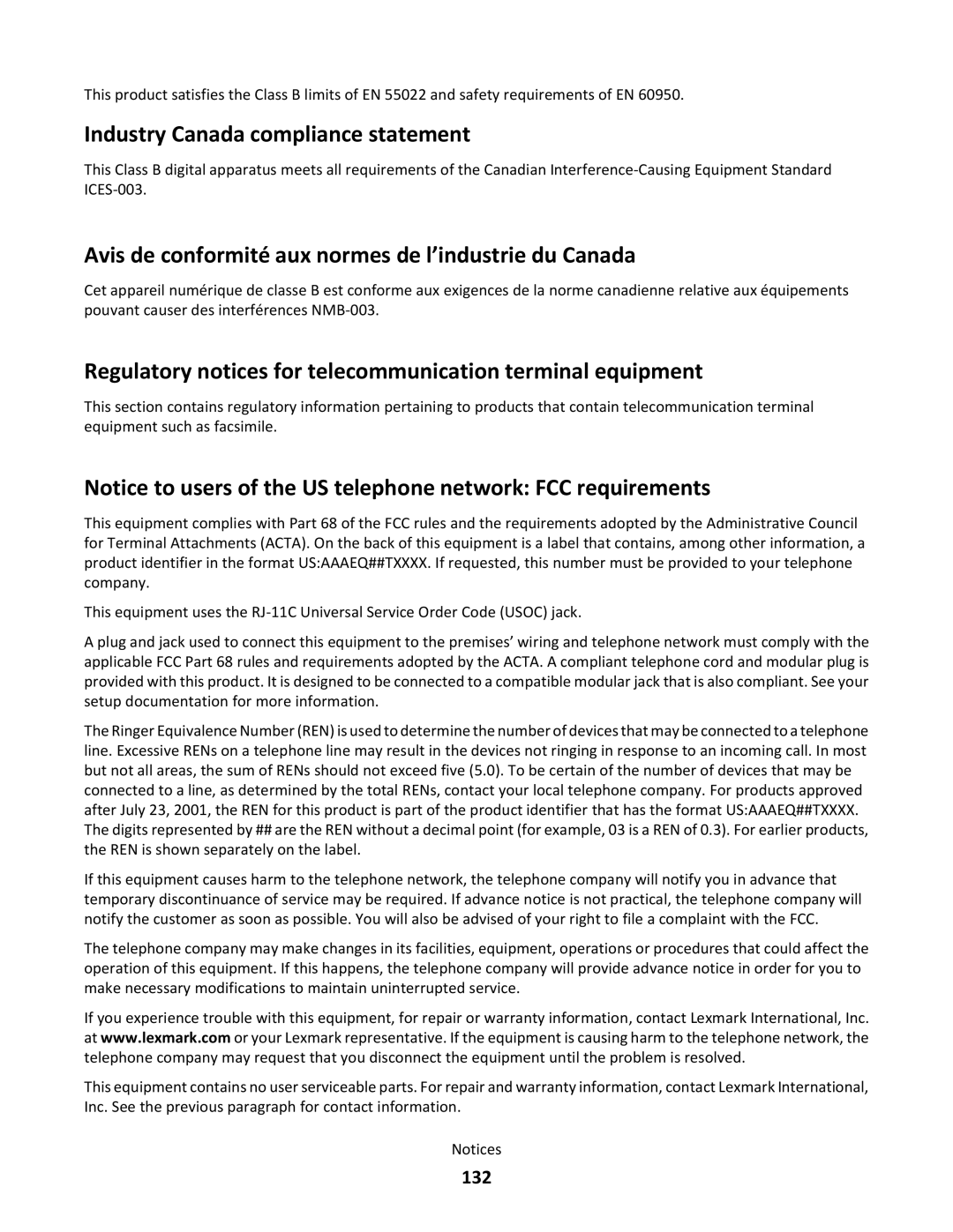 Lexmark 30E, S500 SERIES Industry Canada compliance statement, Avis de conformité aux normes de l’industrie du Canada, 132 