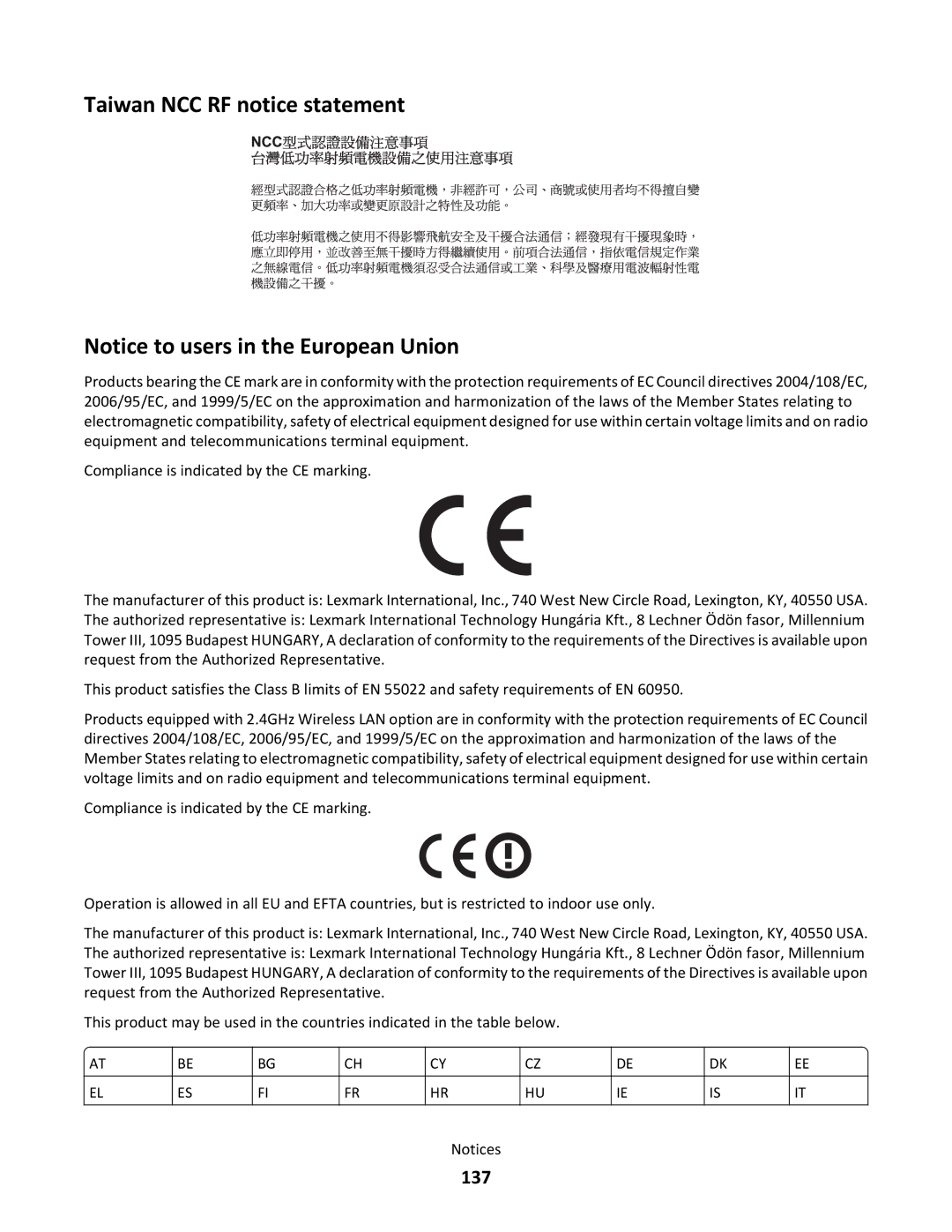 Lexmark 30E, S500 SERIES, 3EN, 31N, 30P manual Taiwan NCC RF notice statement, 137 