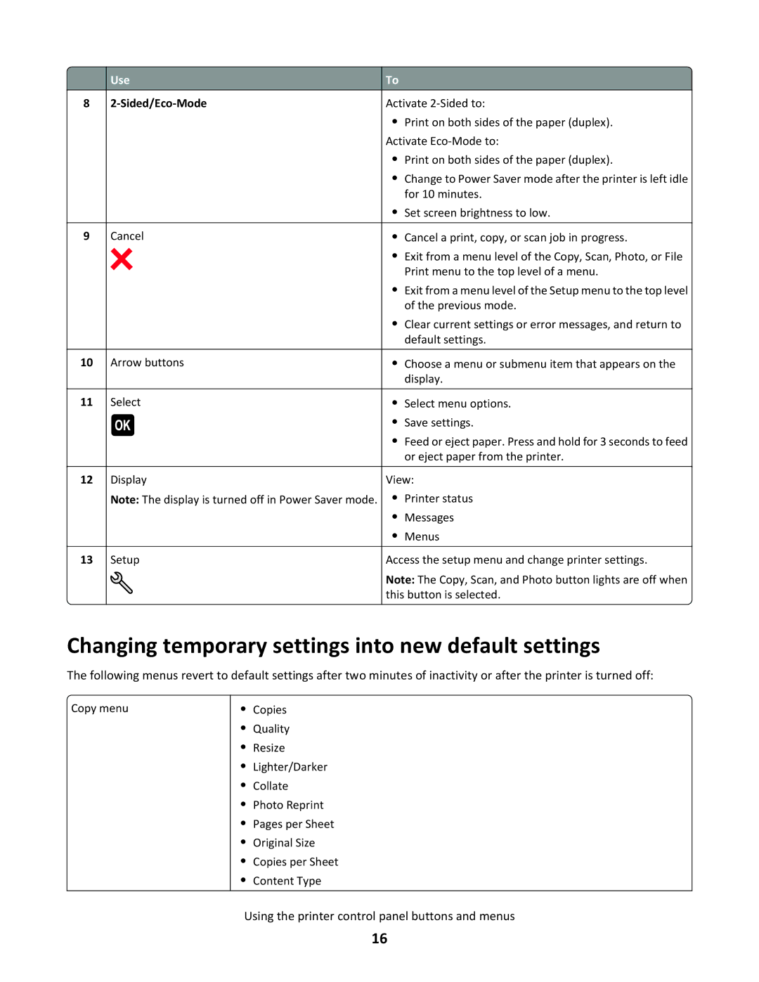 Lexmark 3EN, S500 SERIES, 30E, 31N, 30P manual Changing temporary settings into new default settings, Sided/Eco-Mode 