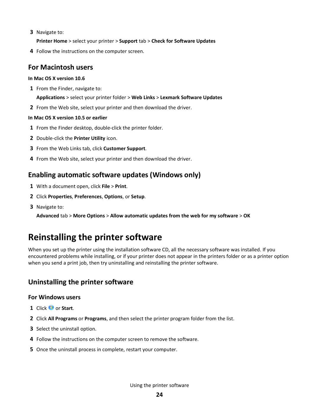 Lexmark 30P, 3EN Reinstalling the printer software, Enabling automatic software updates Windows only, For Windows users 