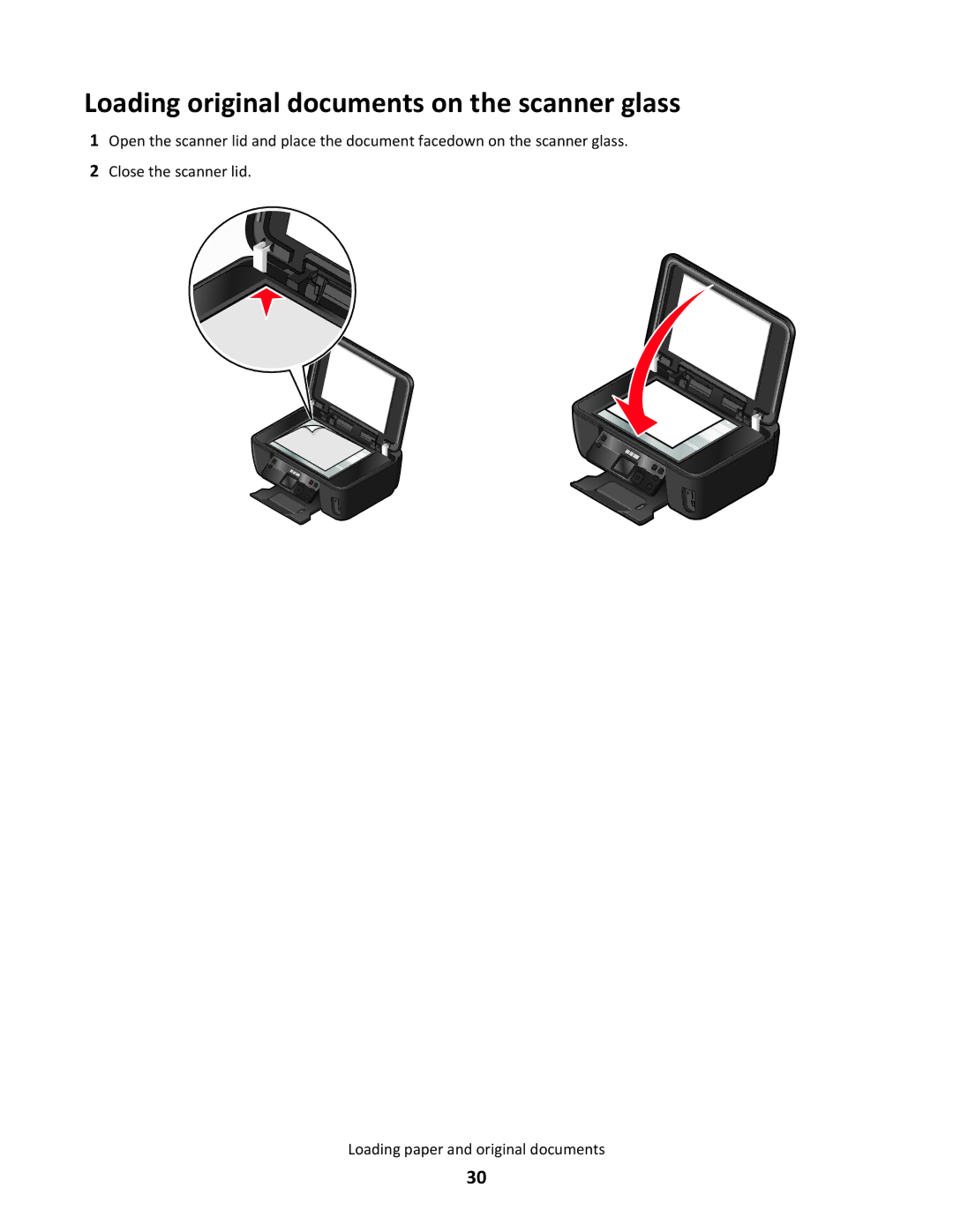 Lexmark S500 SERIES, 3EN, 30E, 31N, 30P manual Loading original documents on the scanner glass 