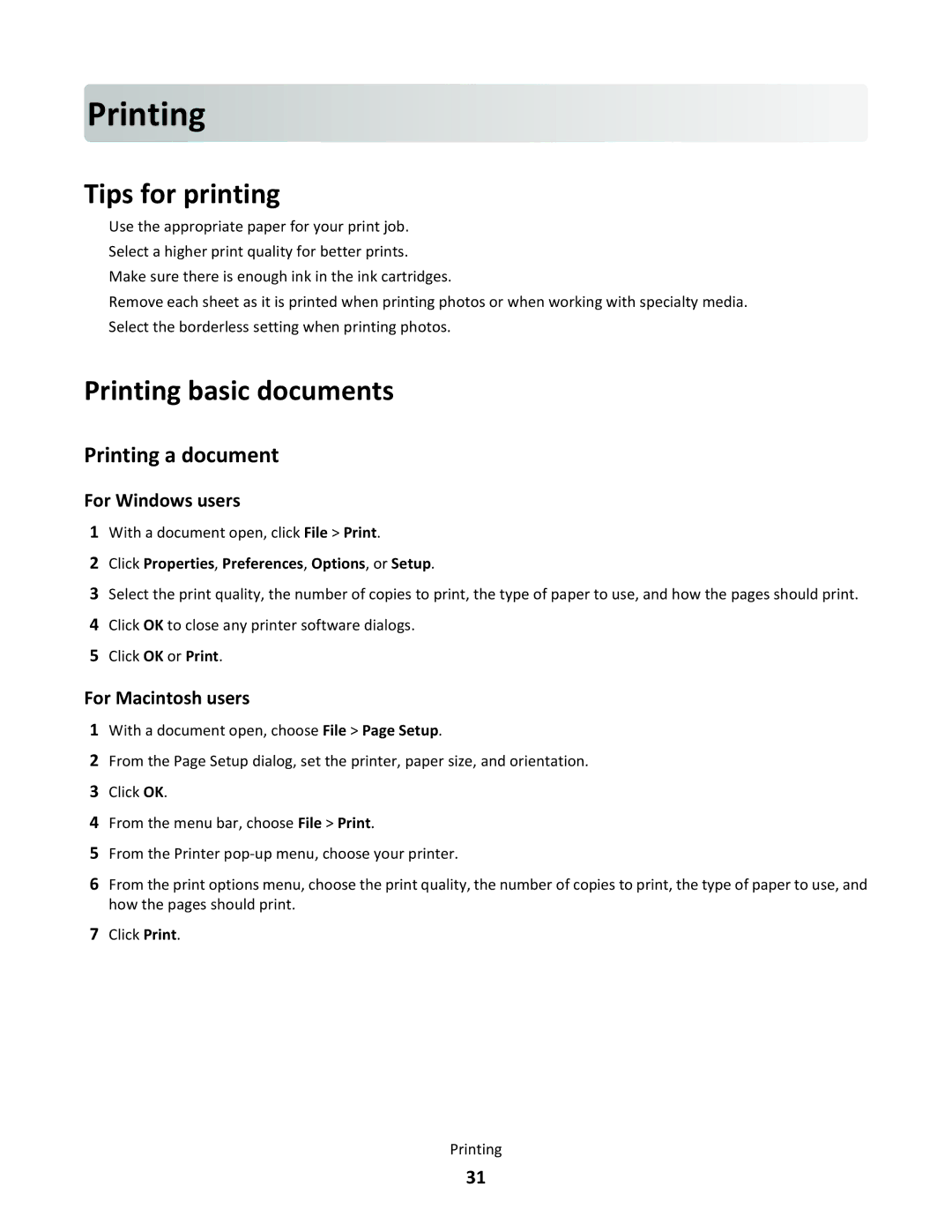 Lexmark 3EN, S500 SERIES, 30E, 31N, 30P manual Printin g, Tips for printing, Printing basic documents, Printing a document 