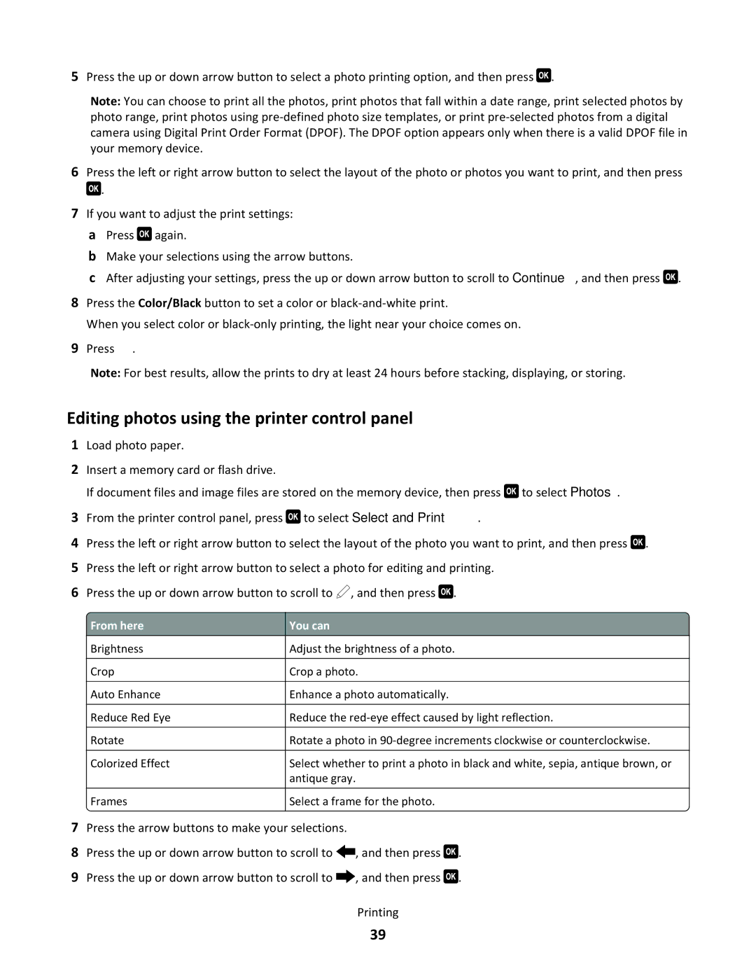 Lexmark 30P, S500 SERIES, 3EN, 30E, 31N manual Editing photos using the printer control panel, You can 