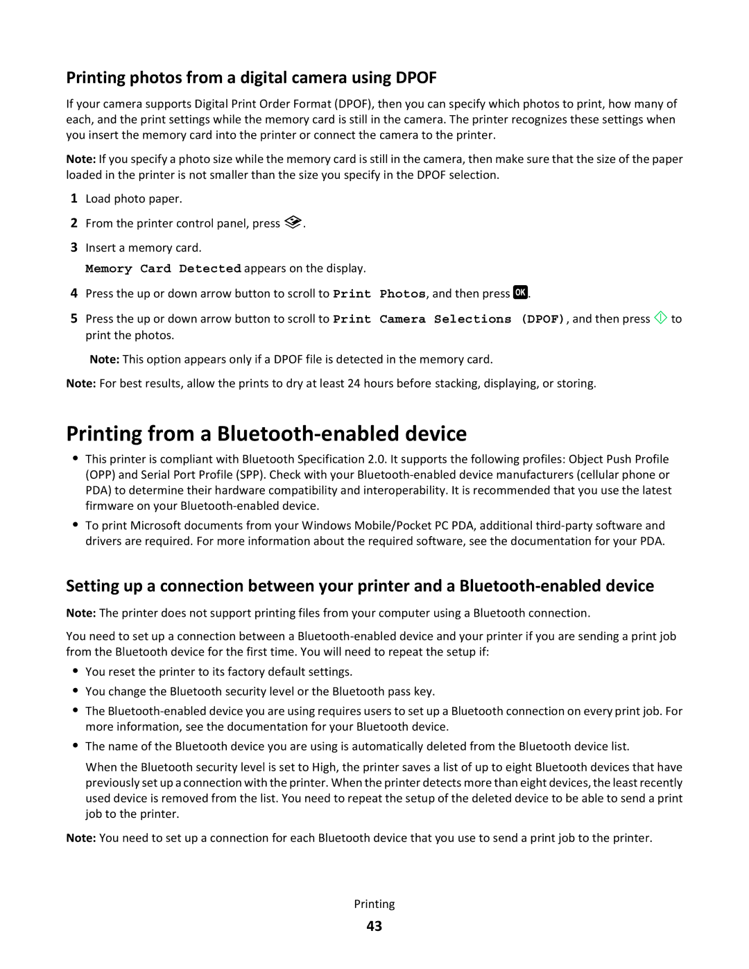 Lexmark 31N, S500 SERIES, 3EN Printing from a Bluetooth-enabled device, Printing photos from a digital camera using Dpof 