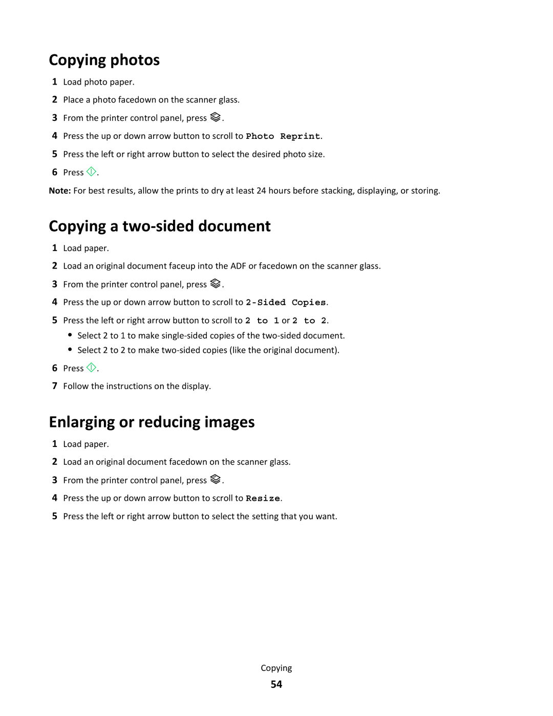 Lexmark 30P, S500 SERIES, 3EN, 30E, 31N manual Copying photos, Copying a two-sided document, Enlarging or reducing images 