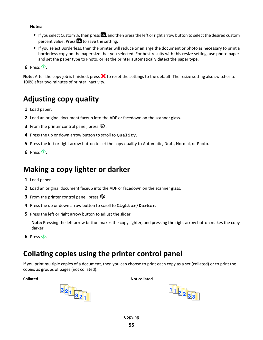 Lexmark S500 SERIES, 3EN, 30E, 31N, 30P manual Adjusting copy quality, Making a copy lighter or darker 