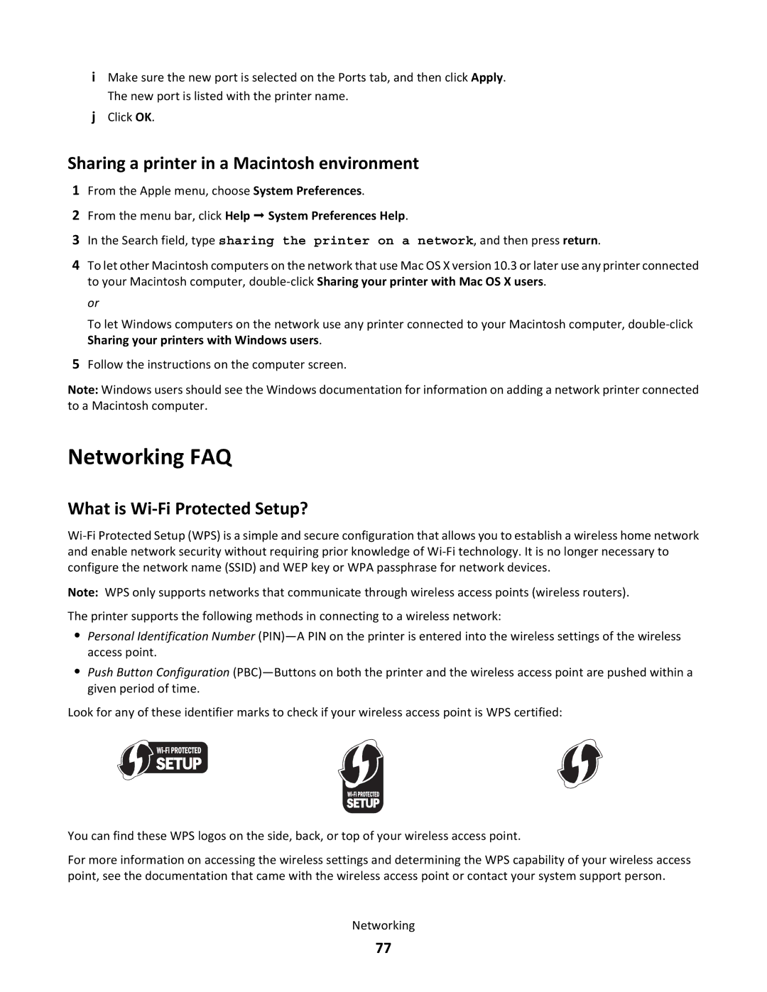 Lexmark 30E, S500 SERIES, 3EN Networking FAQ, Sharing a printer in a Macintosh environment, What is Wi-Fi Protected Setup? 