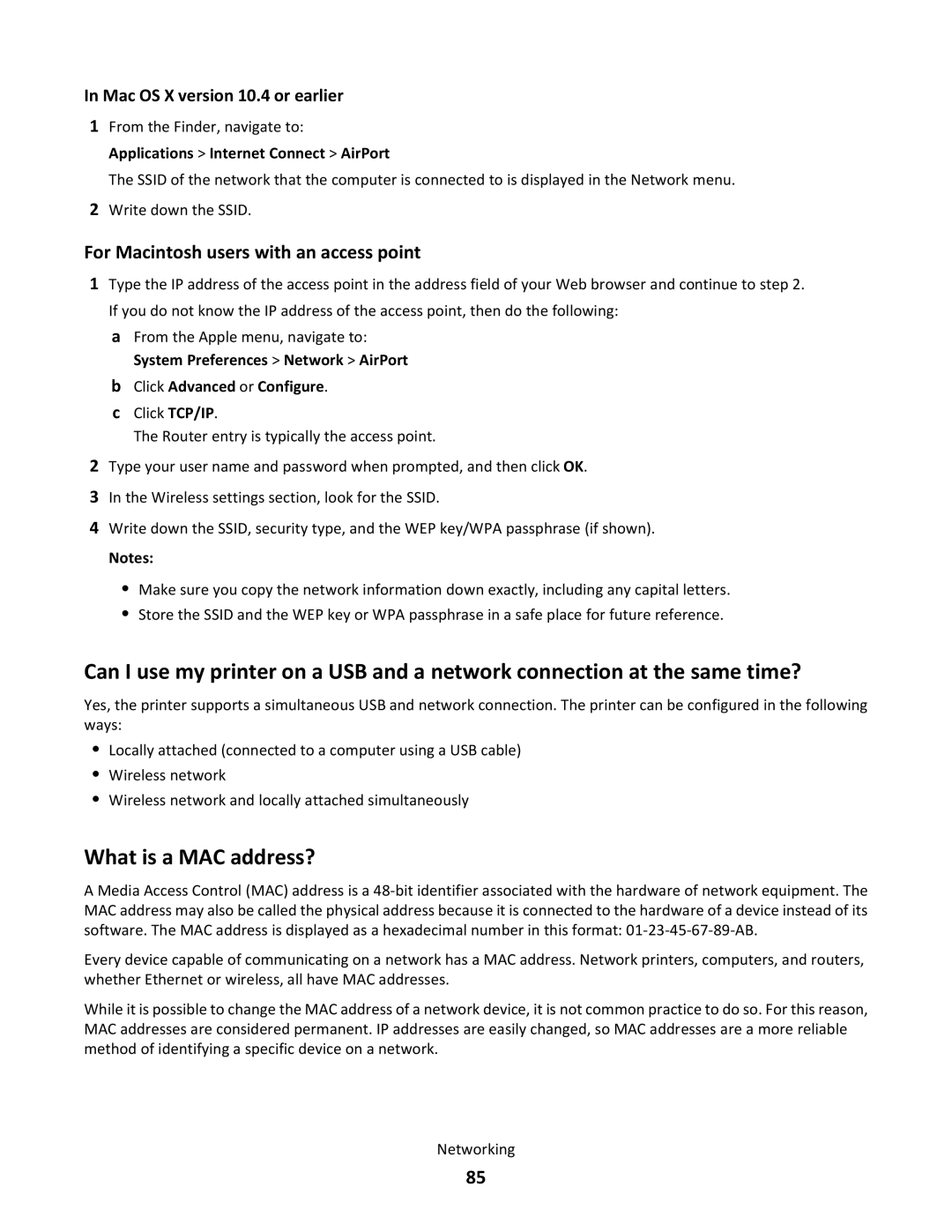 Lexmark S500 SERIES, 3EN, 30E, 31N, 30P manual What is a MAC address?, For Macintosh users with an access point 