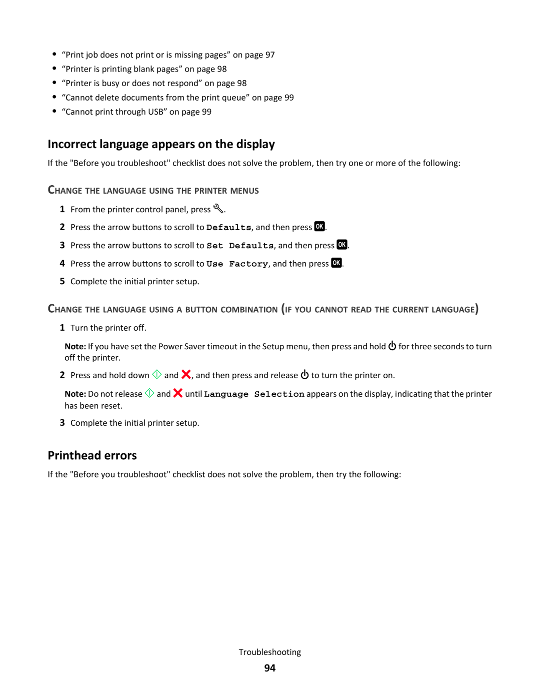 Lexmark 30P, 3EN Incorrect language appears on the display, Printhead errors, Change the Language Using the Printer Menus 