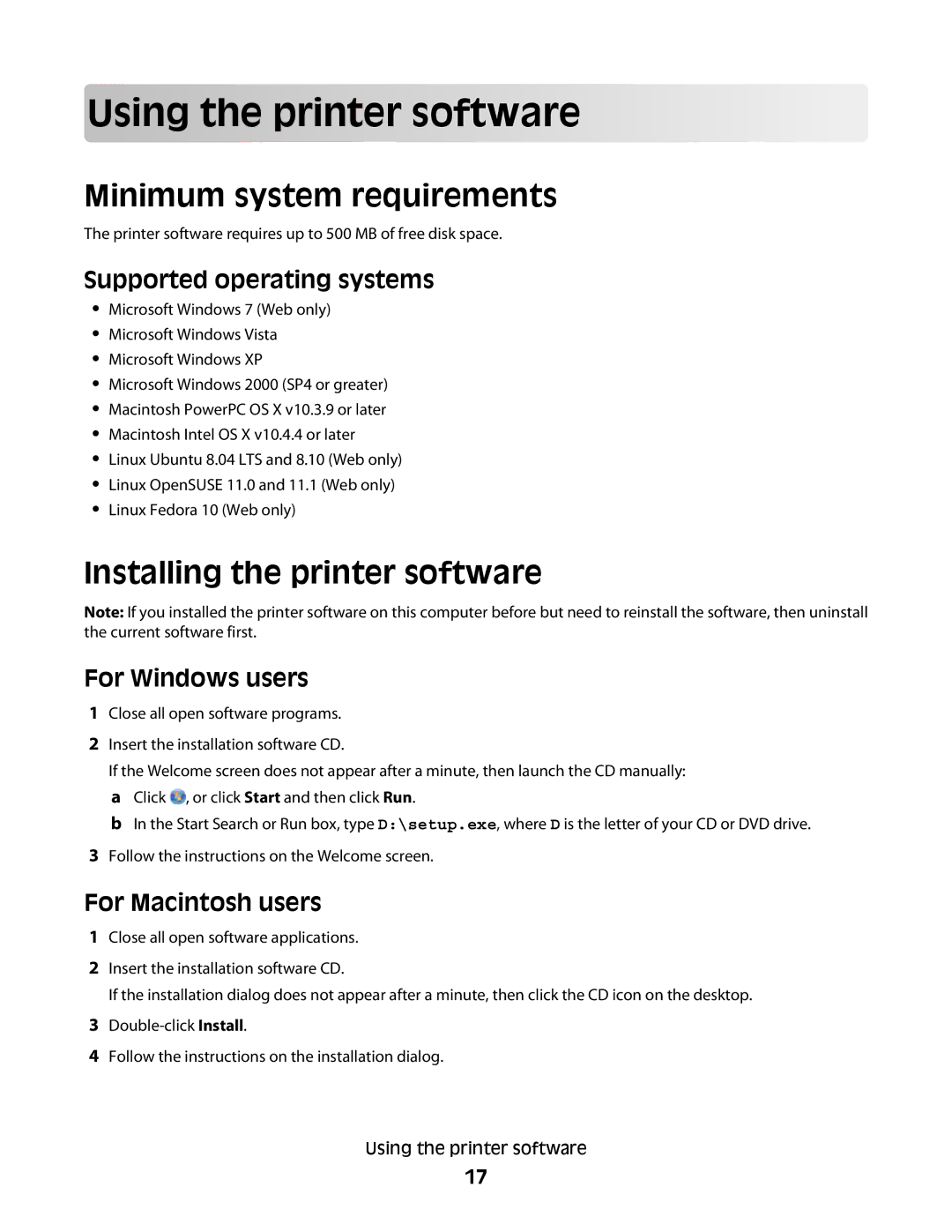 Lexmark S505, S508 manual Using th e printe r so f t w are, Minimum system requirements, Installing the printer software 