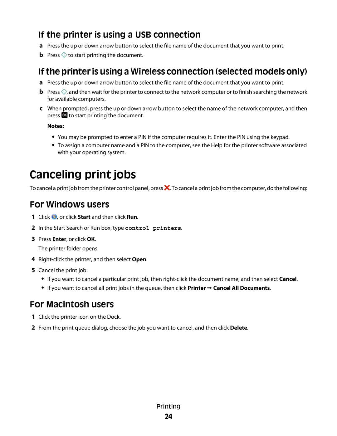 Lexmark S508, S505 manual Canceling print jobs, If the printer is using a USB connection 