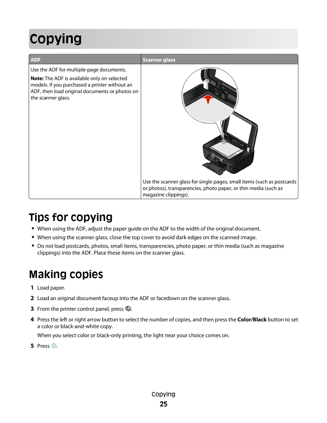 Lexmark S505, S508 manual Cop ying, Tips for copying, Making copies, Scanner glass 