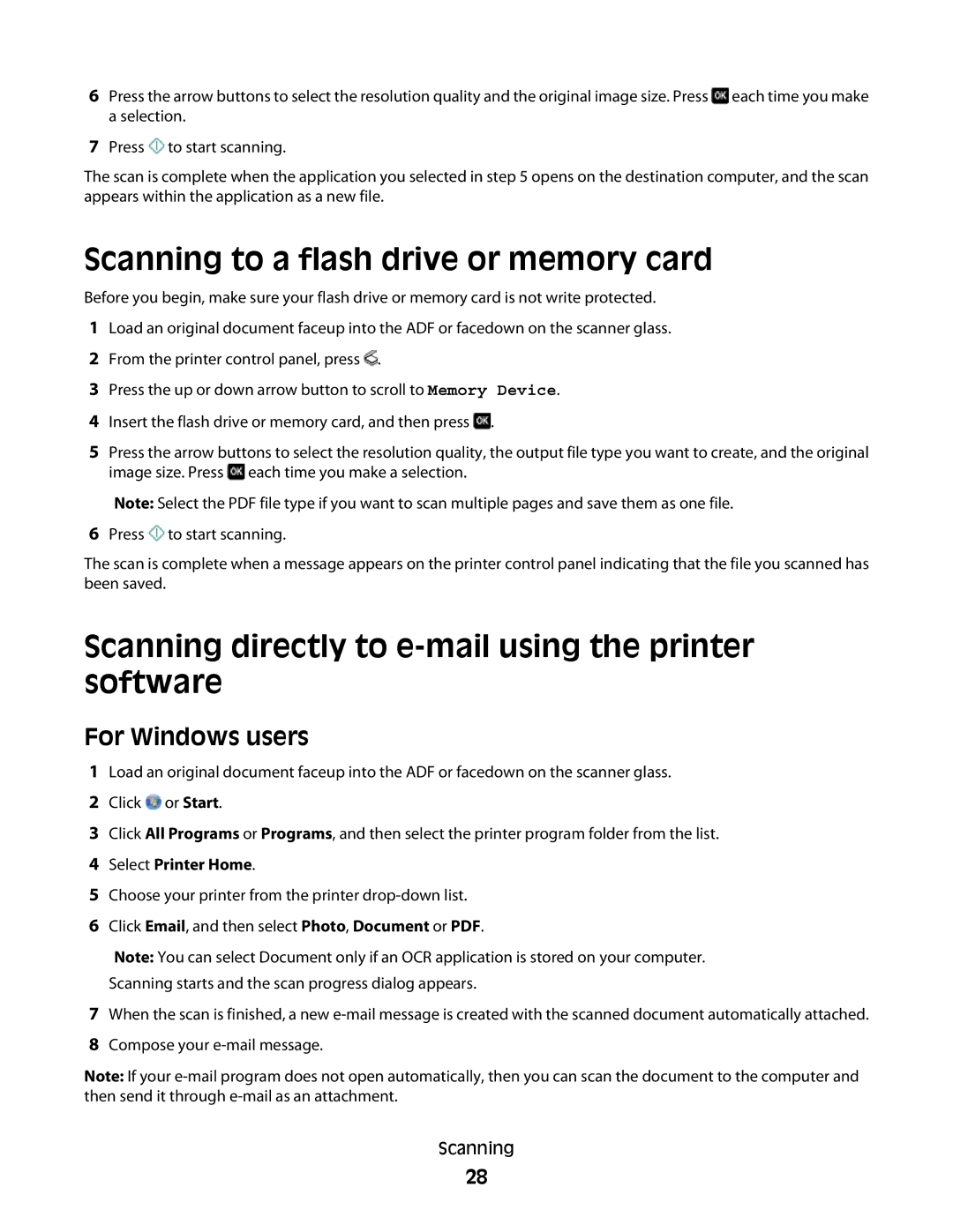 Lexmark S508, S505 manual Scanning to a flash drive or memory card, Scanning directly to e-mail using the printer software 