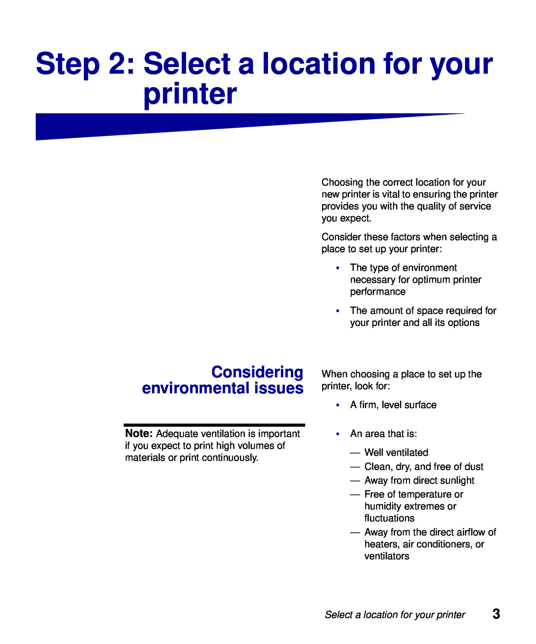 Lexmark S510-2222-00 setup guide Select a location for your printer, Considering environmental issues 