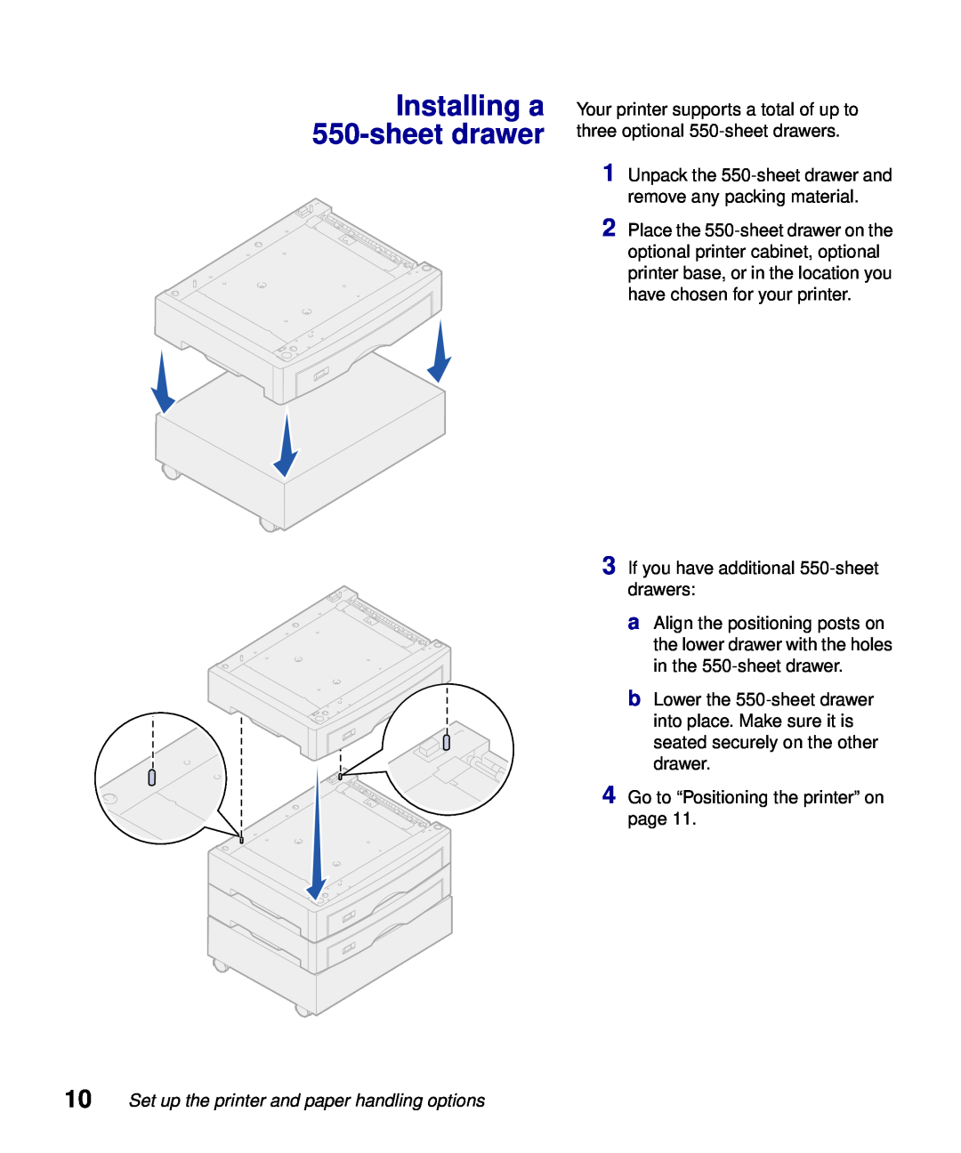 Lexmark S510-2222-00 setup guide Installing a 550-sheetdrawer, Set up the printer and paper handling options 