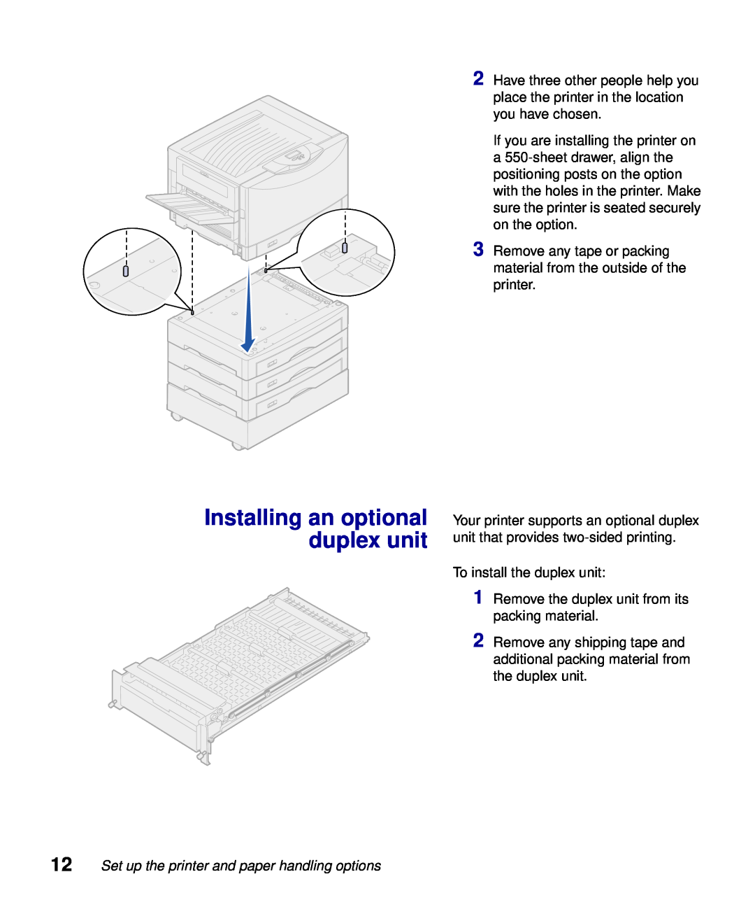 Lexmark S510-2222-00 setup guide Installing an optional duplex unit, Set up the printer and paper handling options 