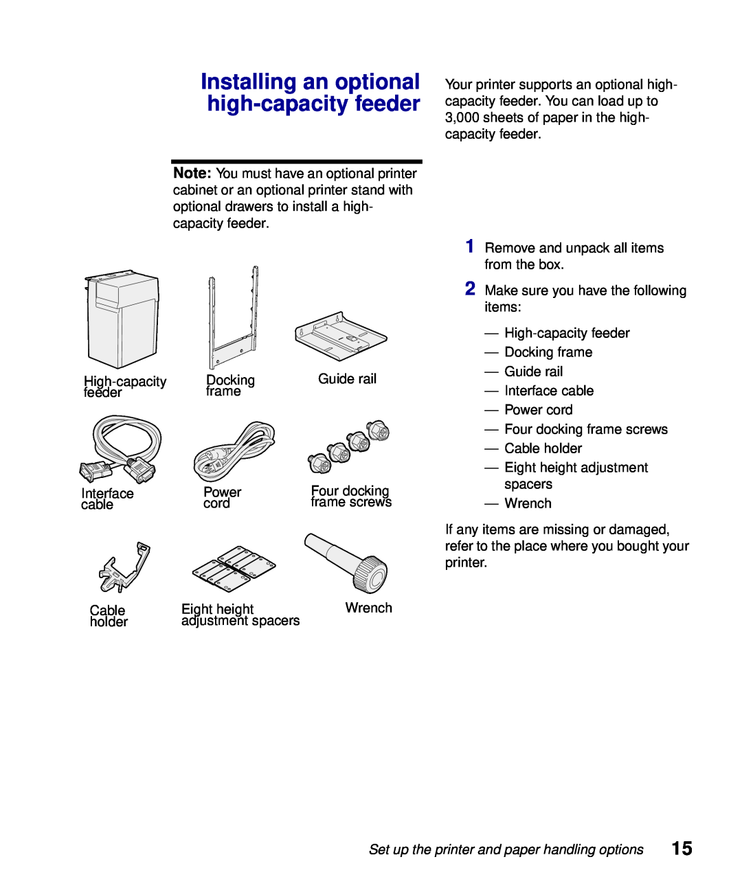 Lexmark S510-2222-00 setup guide Installing an optional high-capacityfeeder, Set up the printer and paper handling options 
