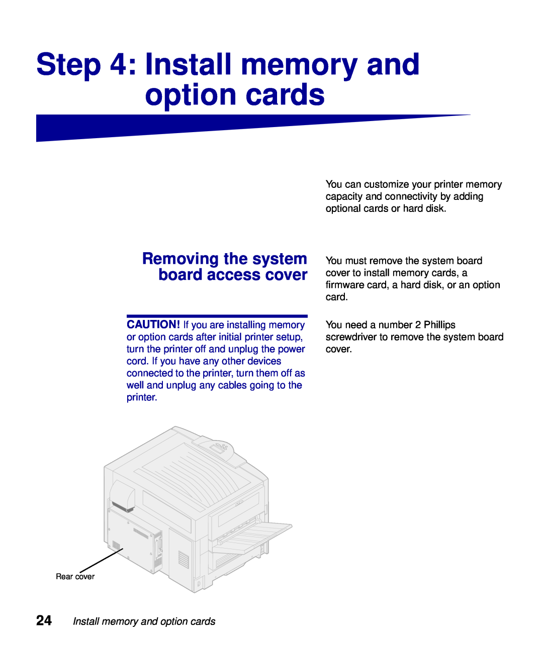 Lexmark S510-2222-00 setup guide Install memory and option cards, Removing the system board access cover 