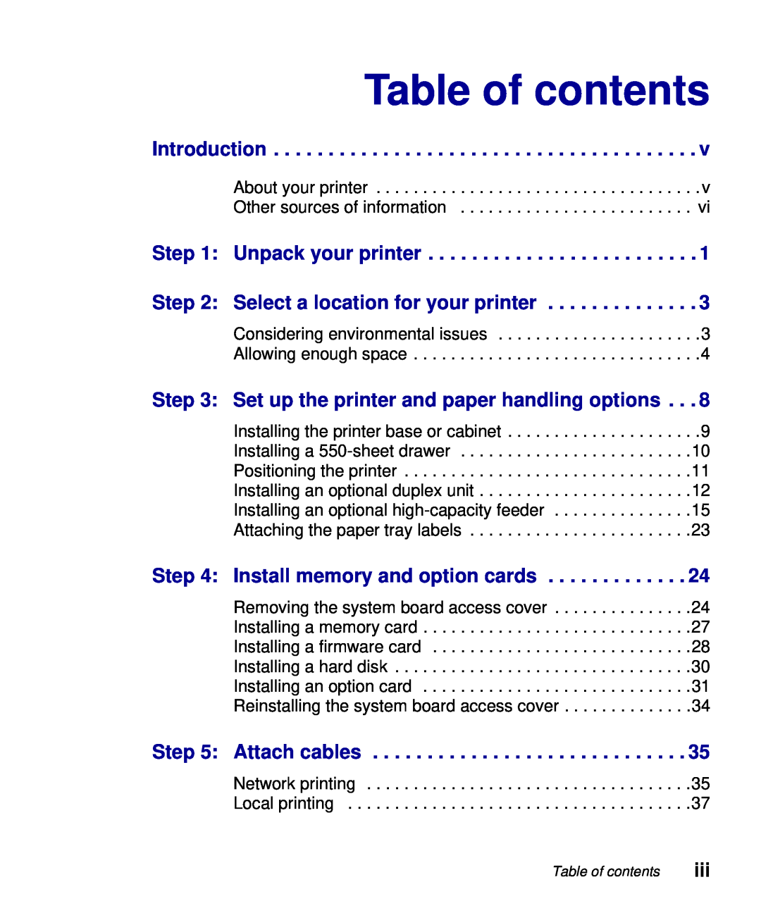 Lexmark S510-2222-00 setup guide Table of contents 