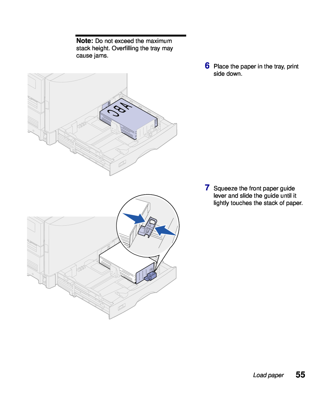 Lexmark S510-2222-00 setup guide Place the paper in the tray, print side down, Load paper 