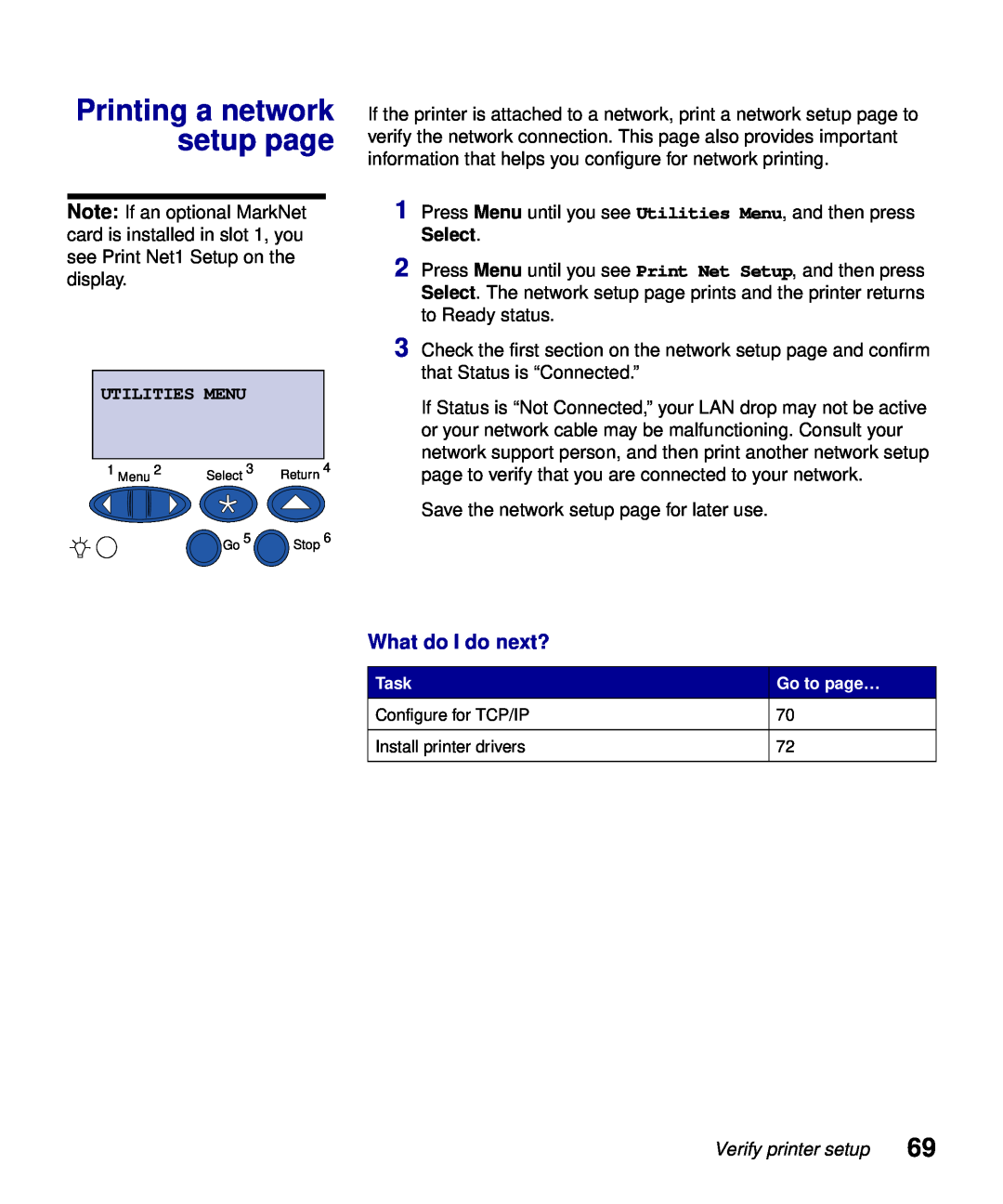 Lexmark S510-2222-00 setup guide Printing a network setup page, What do I do next?, Utilities Menu, Verify printer setup 