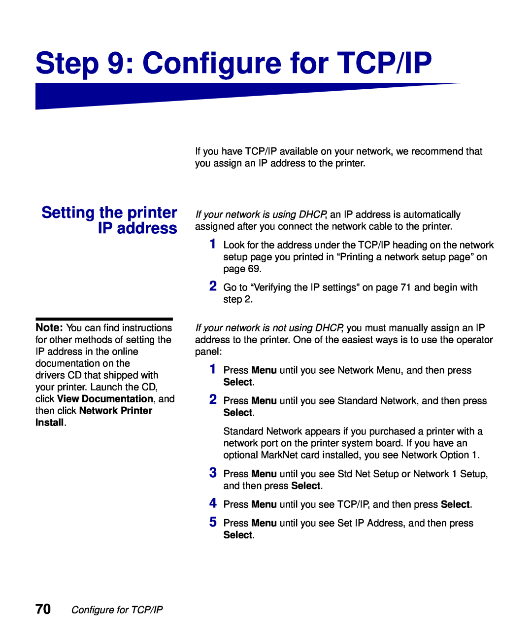 Lexmark S510-2222-00 setup guide Configure for TCP/IP, Setting the printer IP address 