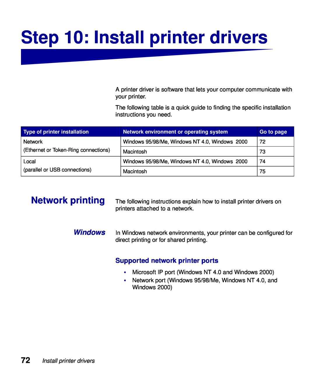 Lexmark S510-2222-00 setup guide Install printer drivers, Network printing, Windows, Supported network printer ports 