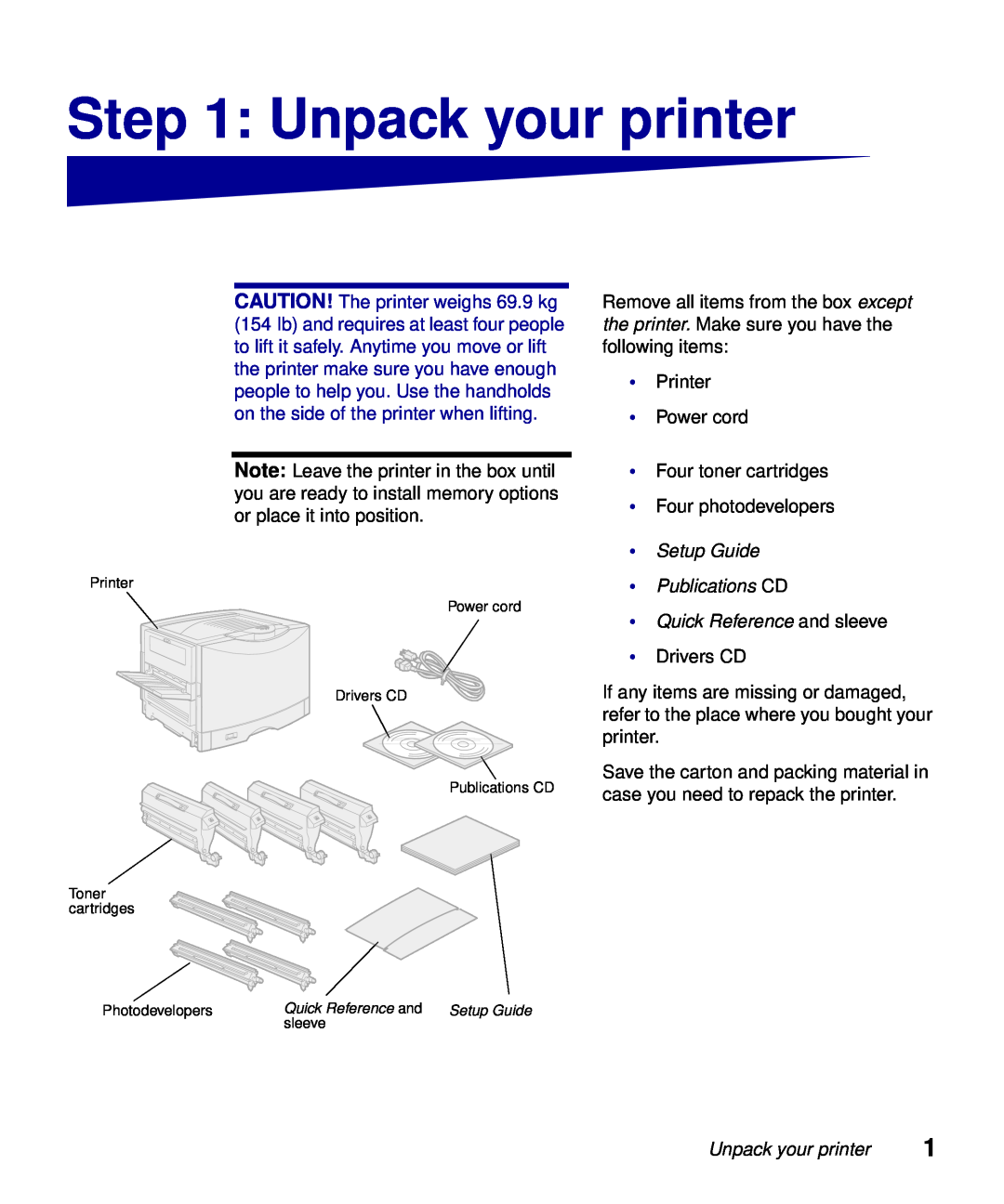 Lexmark S510-2222-00 setup guide Unpack your printer, Setup Guide Publications CD, Quick Reference and sleeve 
