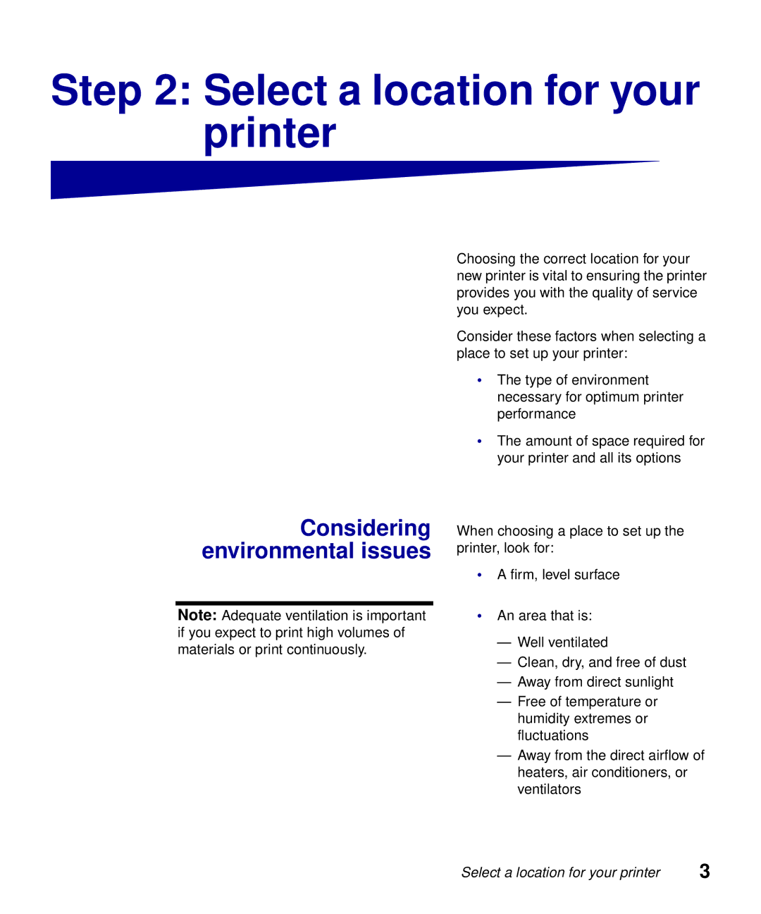 Lexmark S510-2222-00 setup guide Select a location for your printer, Considering environmental issues 