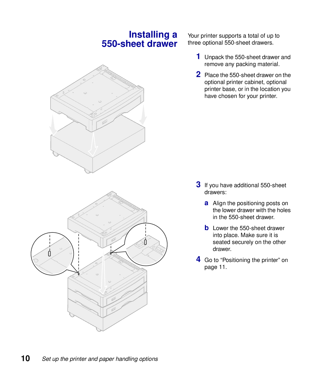 Lexmark S510-2222-00 setup guide Installing a 550-sheet drawer 