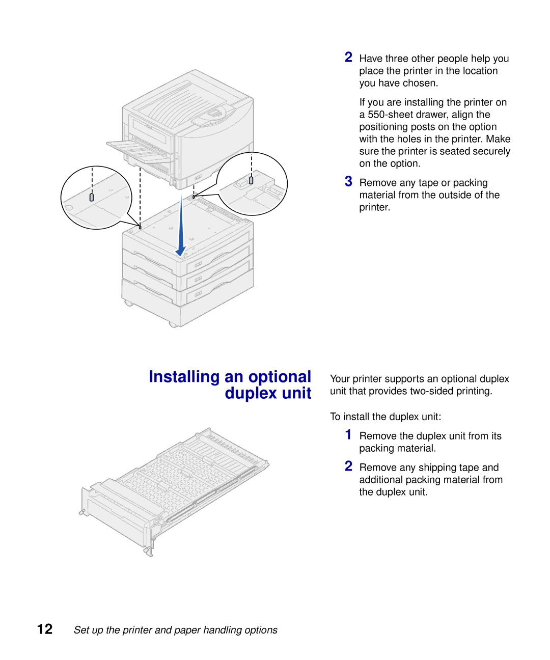 Lexmark S510-2222-00 setup guide Installing an optional duplex unit 