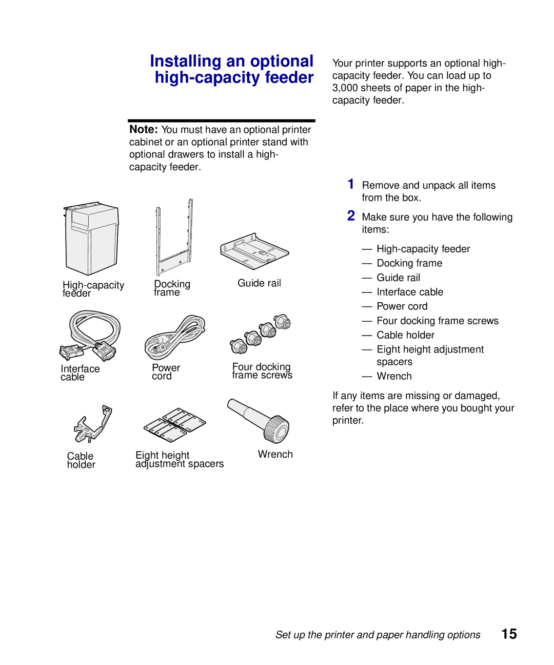 Lexmark S510-2222-00 setup guide Installing an optional high-capacity feeder 