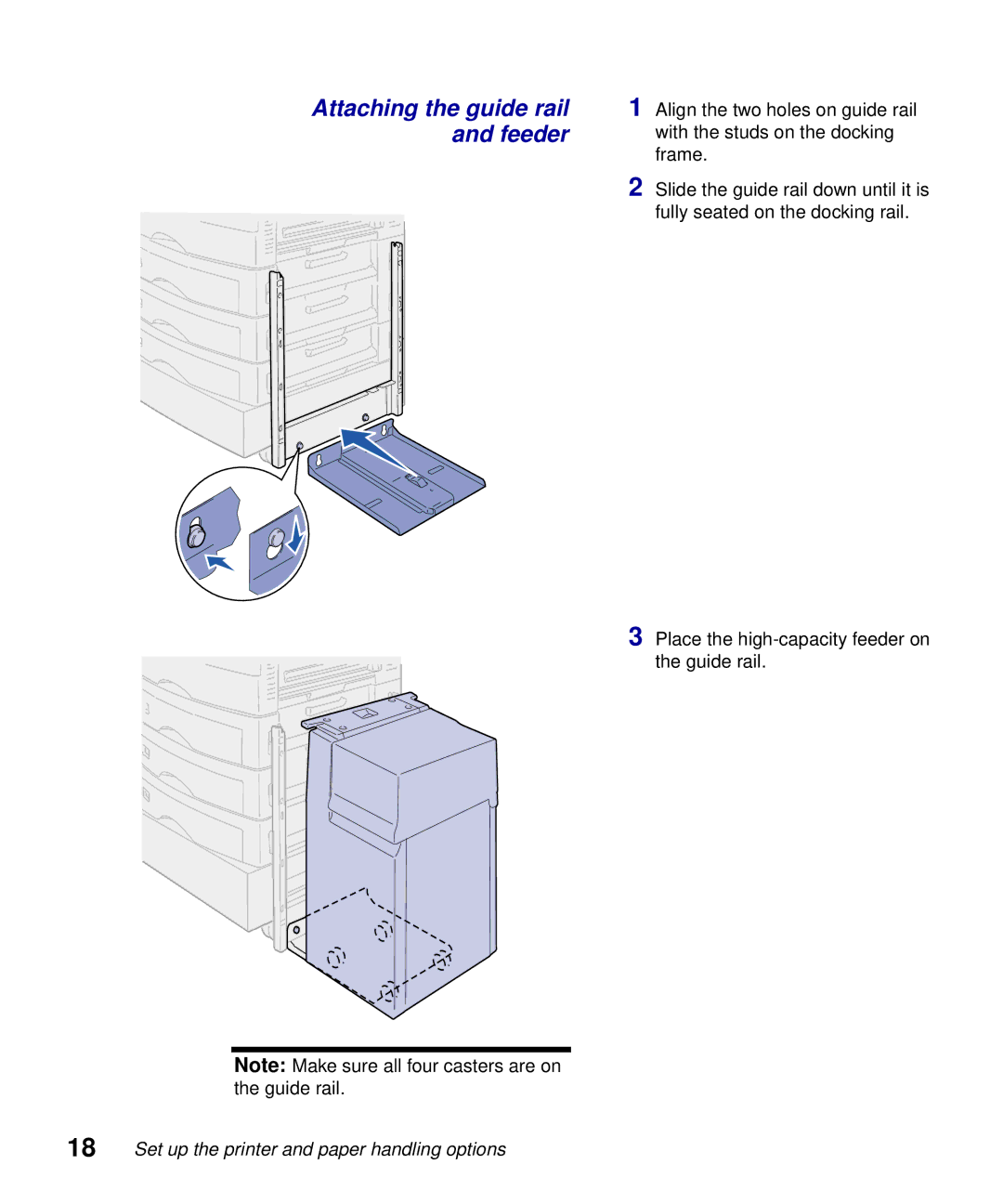 Lexmark S510-2222-00 setup guide Attaching the guide rail and feeder 