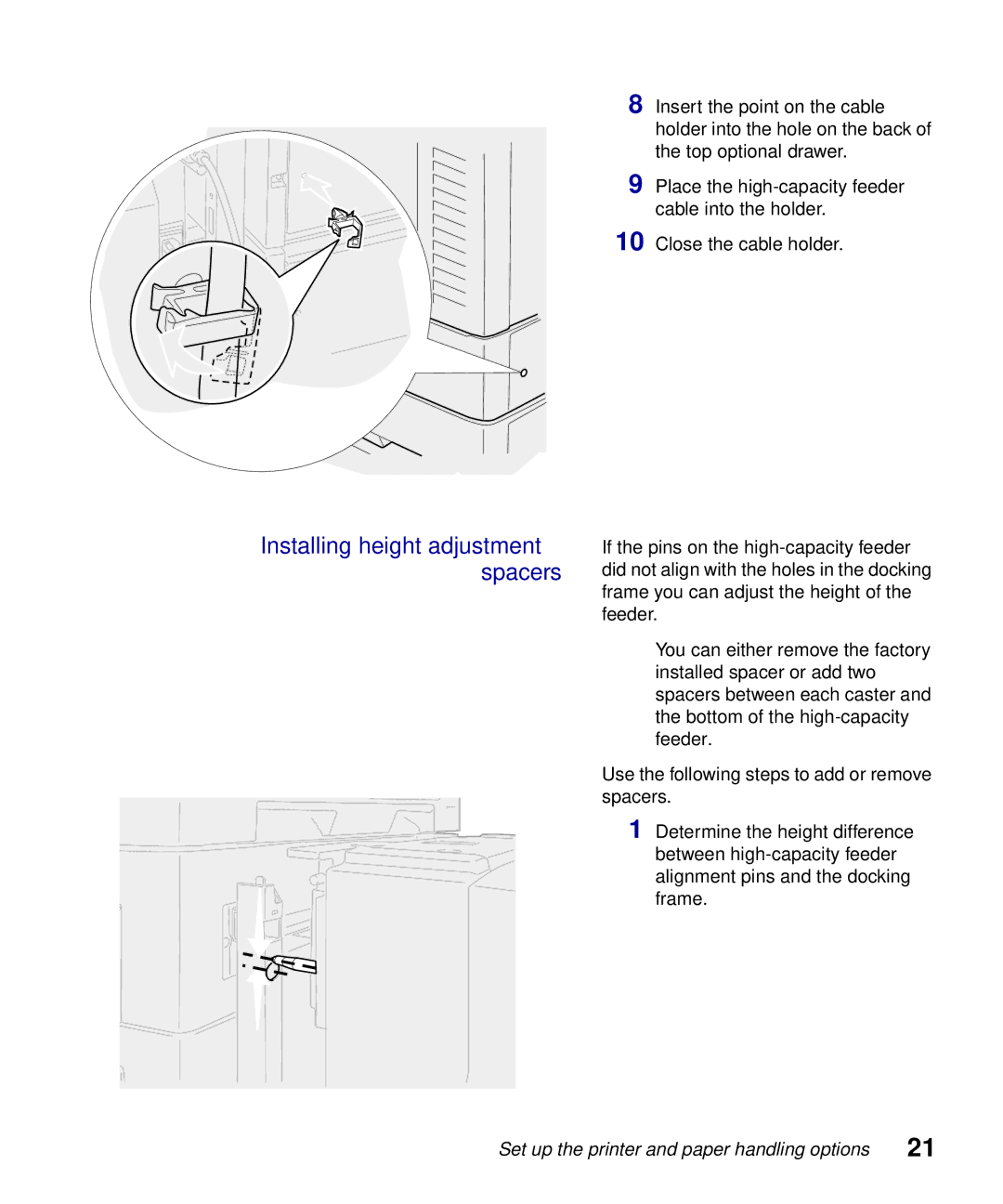 Lexmark S510-2222-00 setup guide Installing height adjustment spacers 