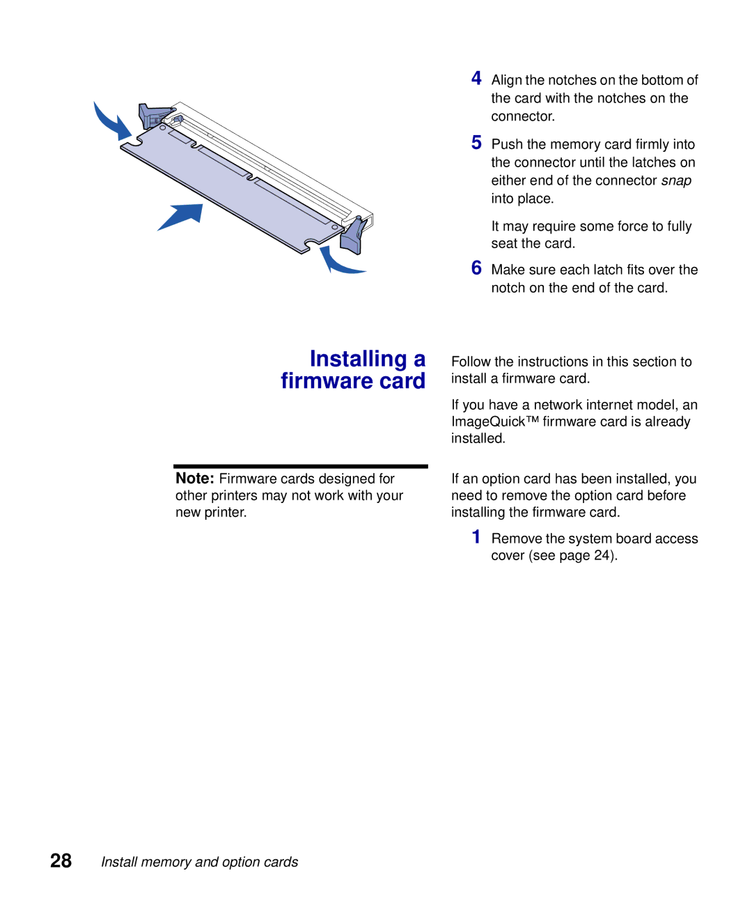 Lexmark S510-2222-00 setup guide Installing a firmware card 