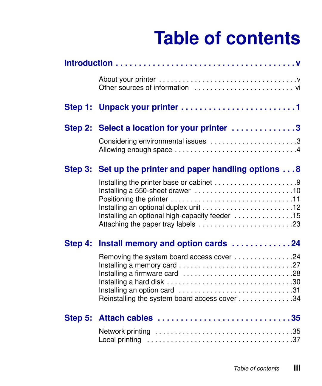 Lexmark S510-2222-00 setup guide Table of contents 