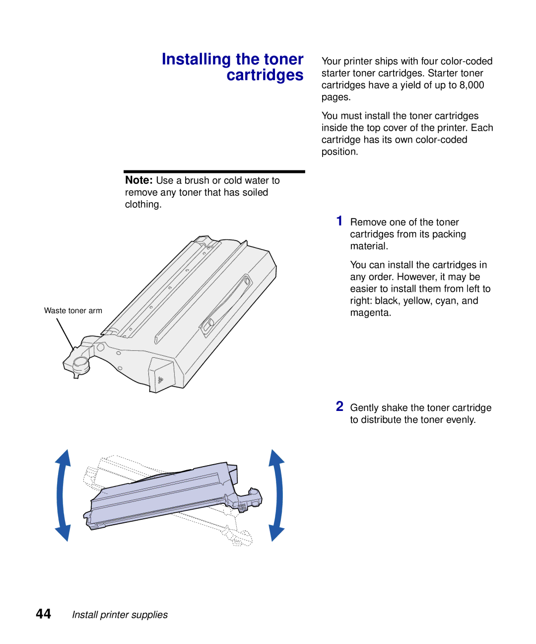 Lexmark S510-2222-00 setup guide Installing the toner cartridges 