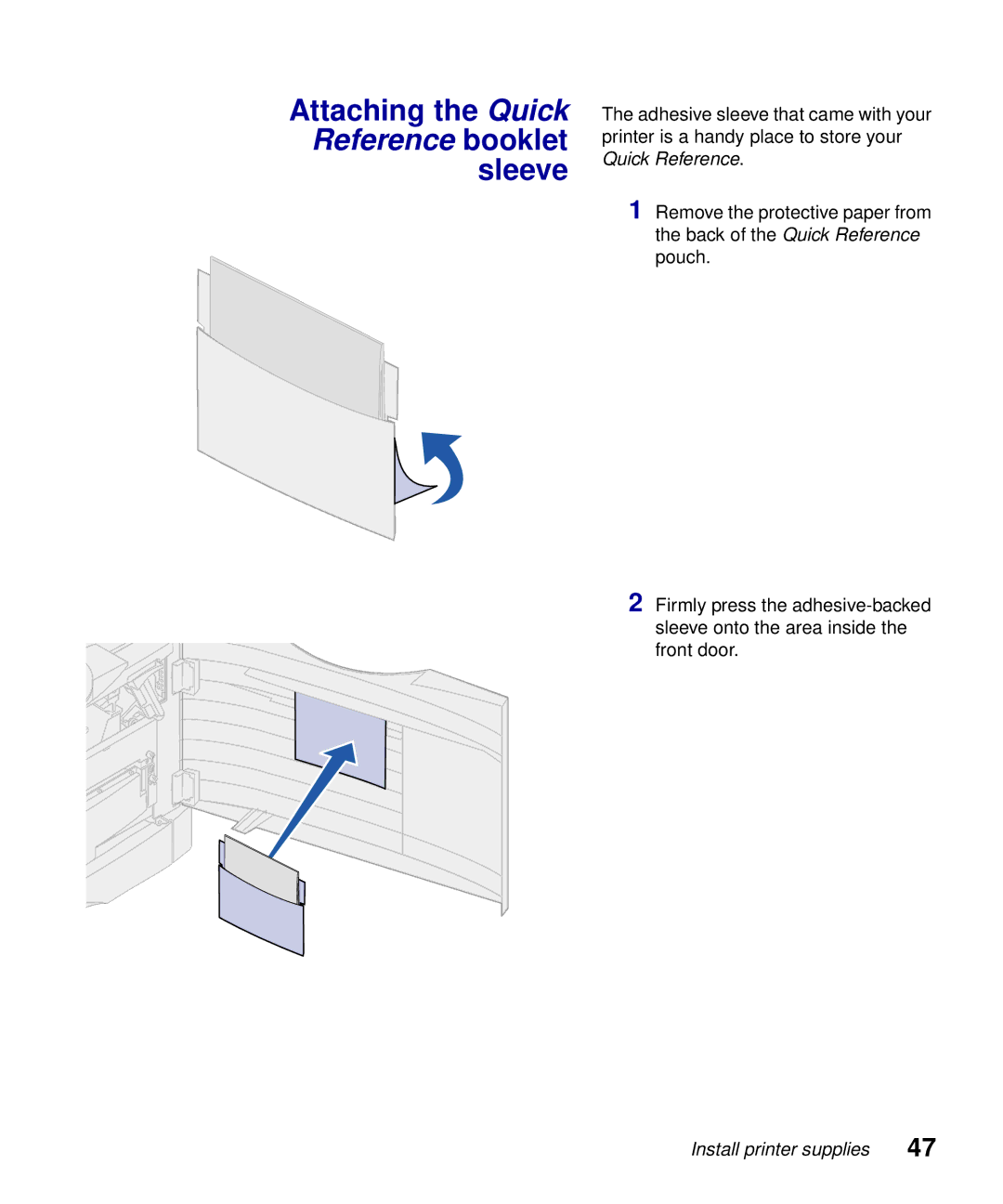 Lexmark S510-2222-00 setup guide Attaching the Quick Reference booklet sleeve 