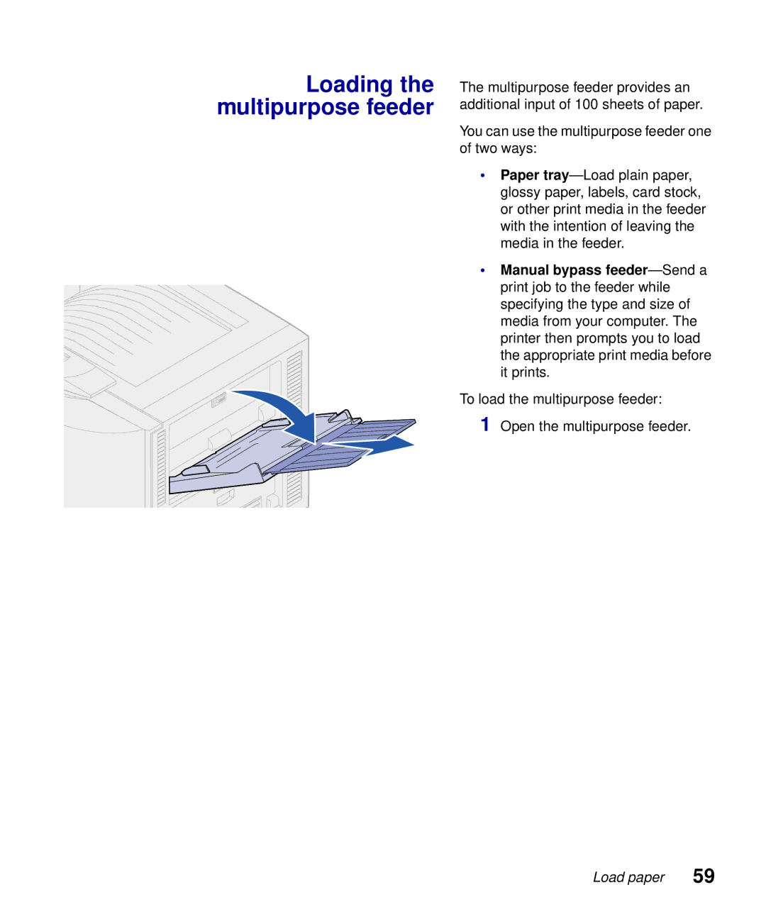 Lexmark S510-2222-00 setup guide Loading the multipurpose feeder 