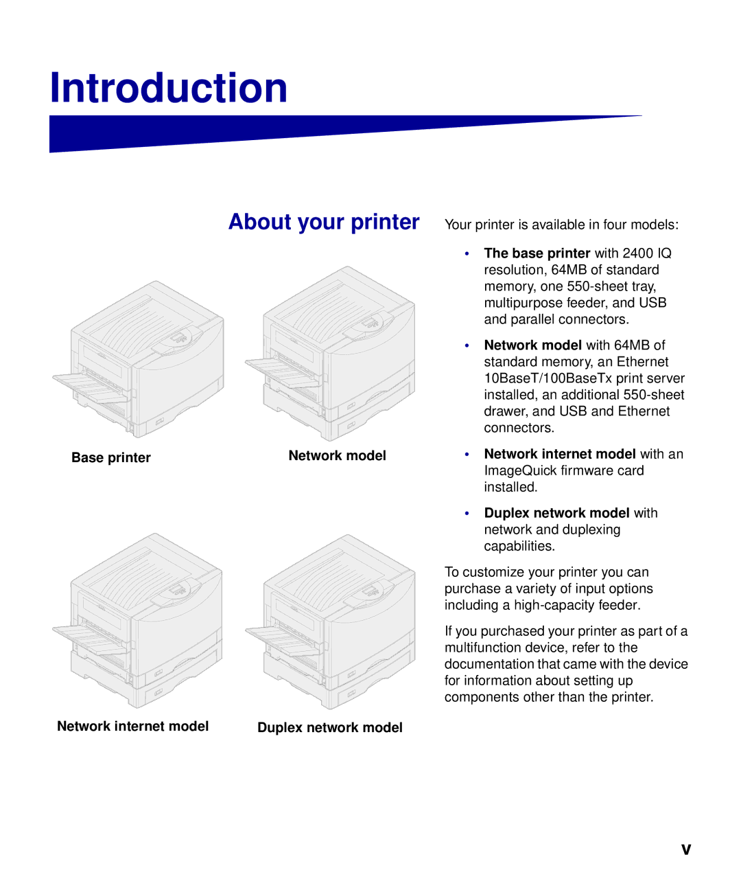 Lexmark S510-2222-00 setup guide Introduction, About your printer 